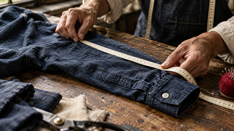 A tailor measuring an indigo shirt on a worktable, with a small red pincushion nearby.