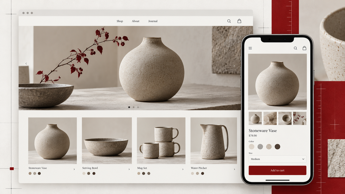 Illustrative ecommerce storefront concept shown on desktop and mobile with neutral ceramics and red accents.