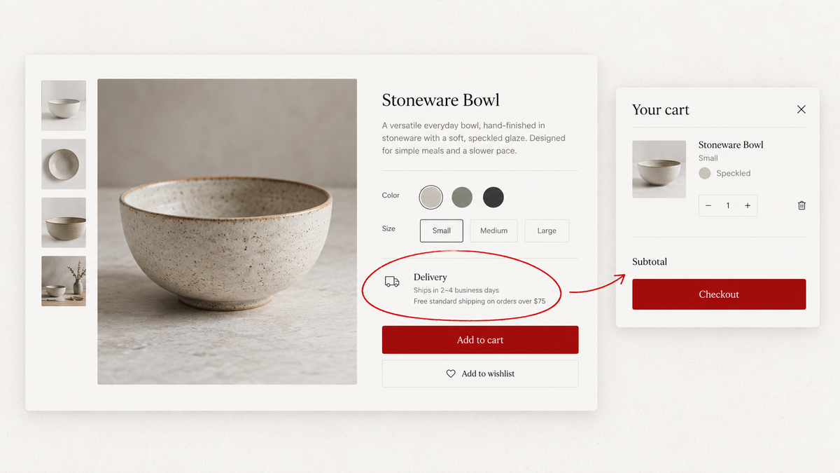 Illustrative ecommerce product page and cart with delivery information highlighted for a conversion review.