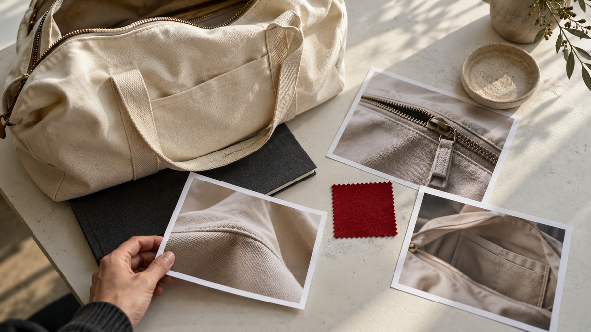 Editorial illustration of a canvas travel bag, printed product detail photographs, and a red fabric swatch on a studio table.