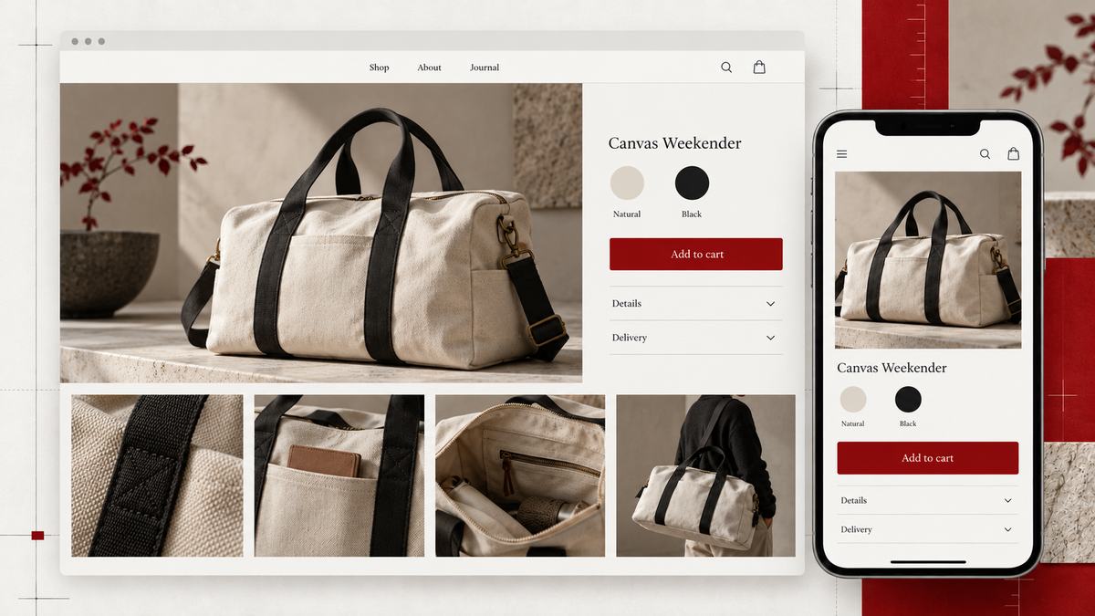 Illustrative product page concept for a canvas weekender bag, showing detail images, variants, and a red add-to-cart button.