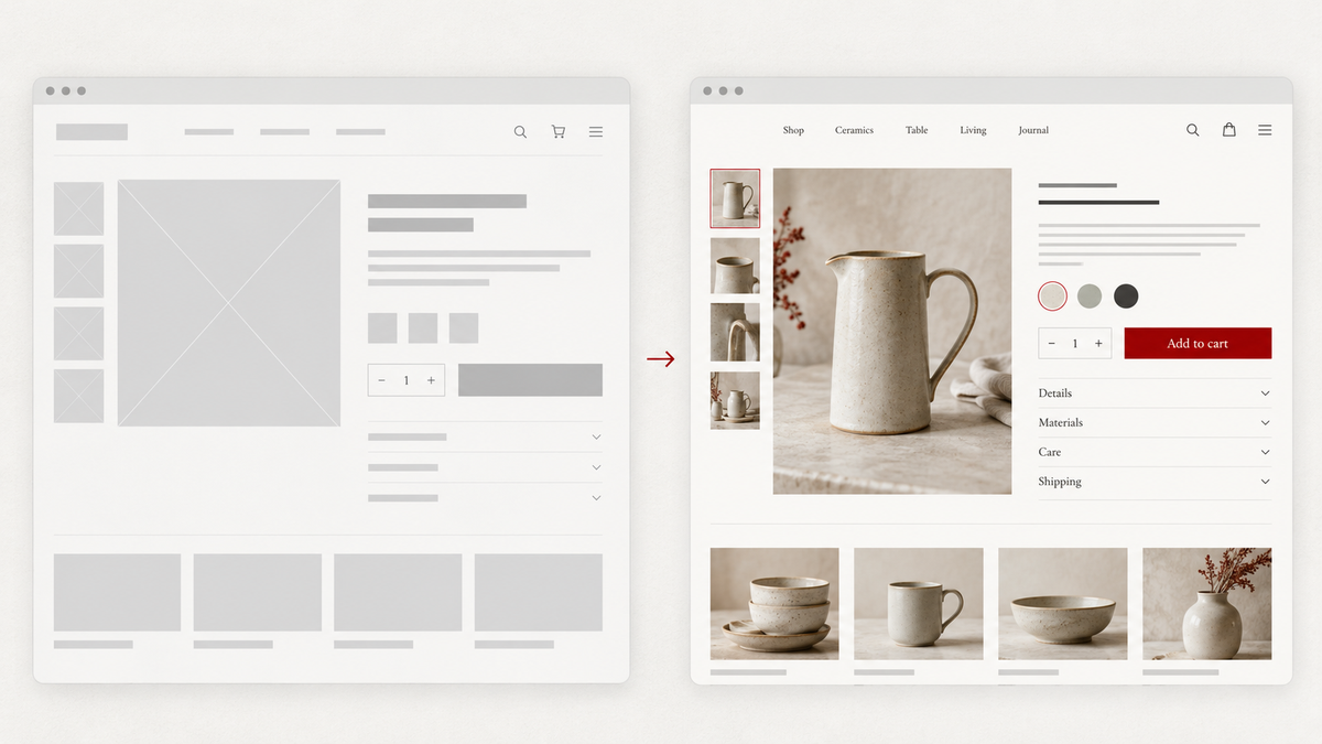 Illustrative Shopify redesign concept showing a wireframe beside a finished ceramic product page.
