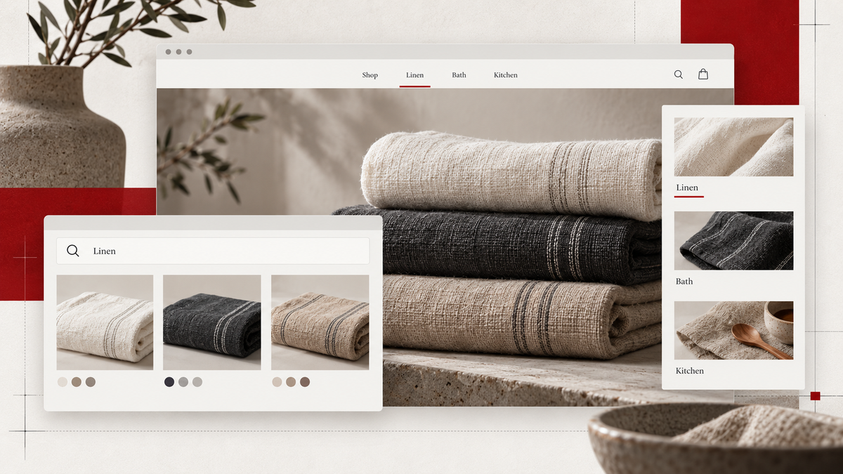 Illustrative ecommerce collection and search preview for a linen homeware store, with restrained red accents.