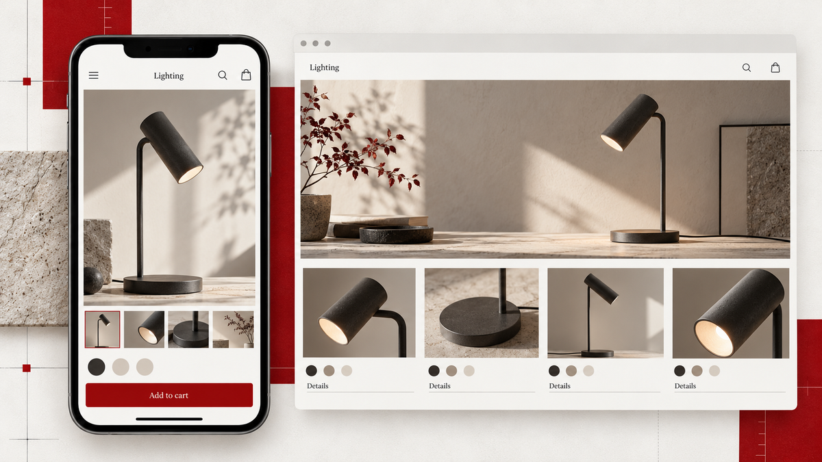 Illustrative lighting storefront shown on desktop and mobile for a Shopify performance review.