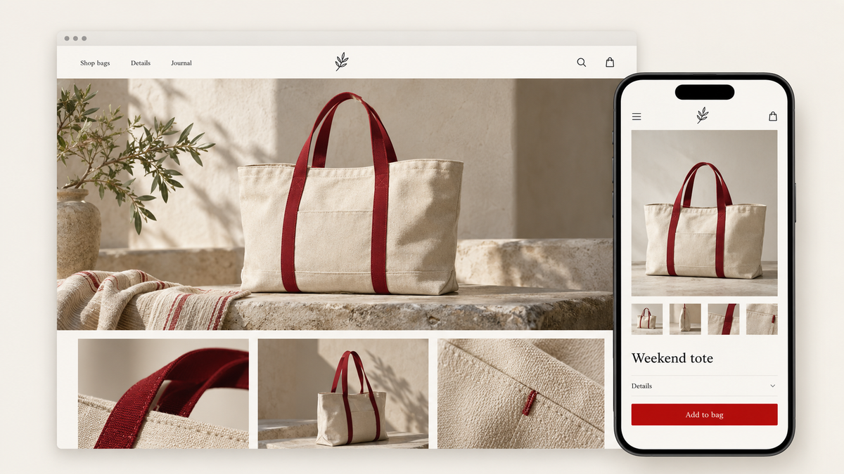 Illustrative desktop and mobile bag storefronts with natural canvas photography and red accents.