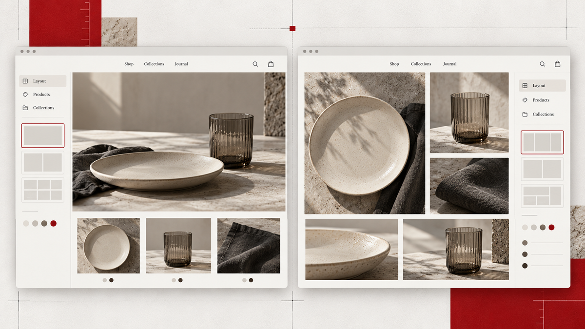 Illustrative comparison of two ecommerce storefront approaches using the same homeware products, without platform logos.