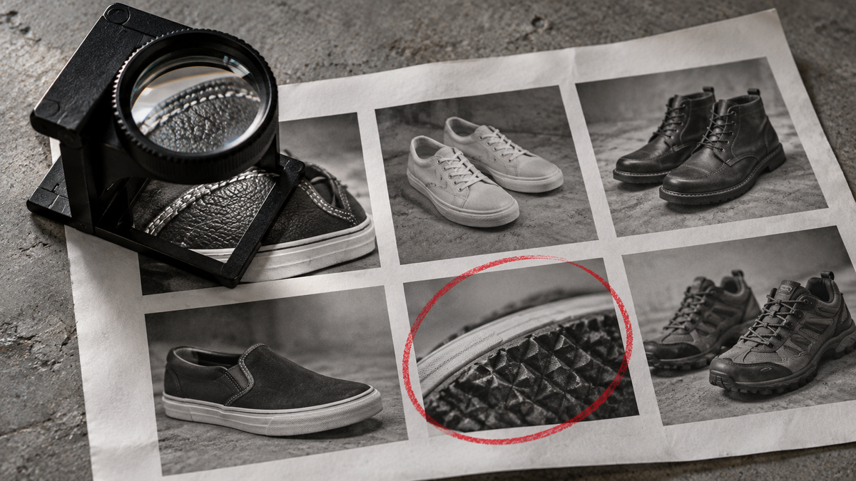 A magnifying glass over a product photography contact sheet with a red review mark.