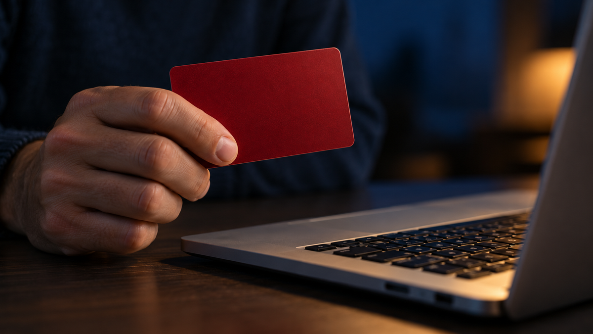 A hand holding a plain red payment card beside a laptop, with no visible card details or admin interface.
