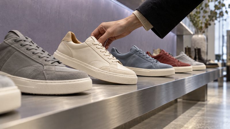 A shopper selecting a sneaker from a diagonally arranged retail shoe display.