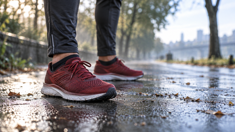 Red running shoes being worn outdoors on a textured path, showing the product in use.