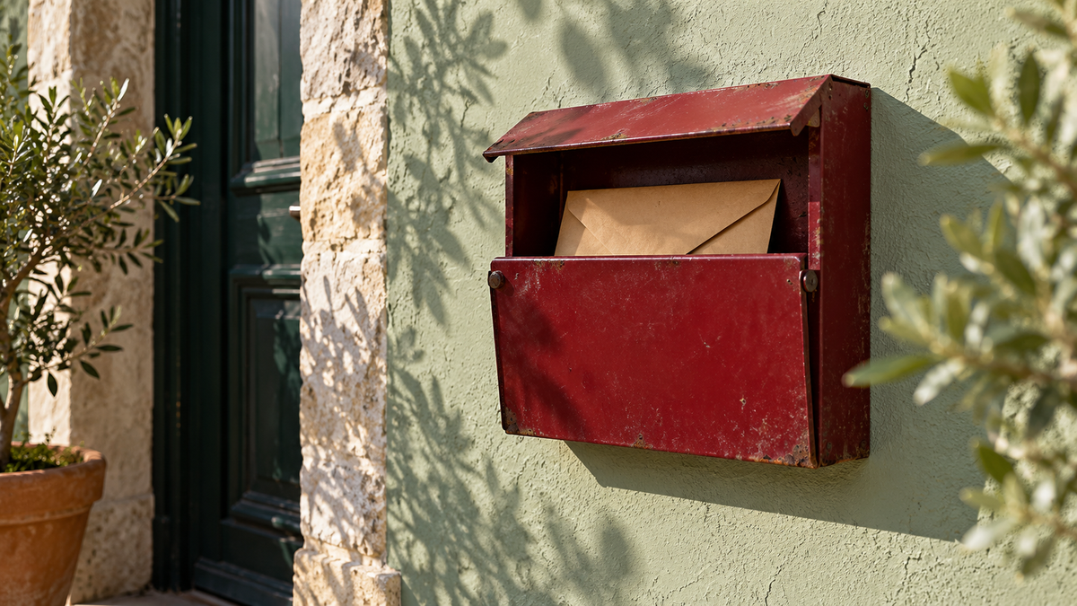 A red mailbox mounted on a pale sage wall in soft natural light.