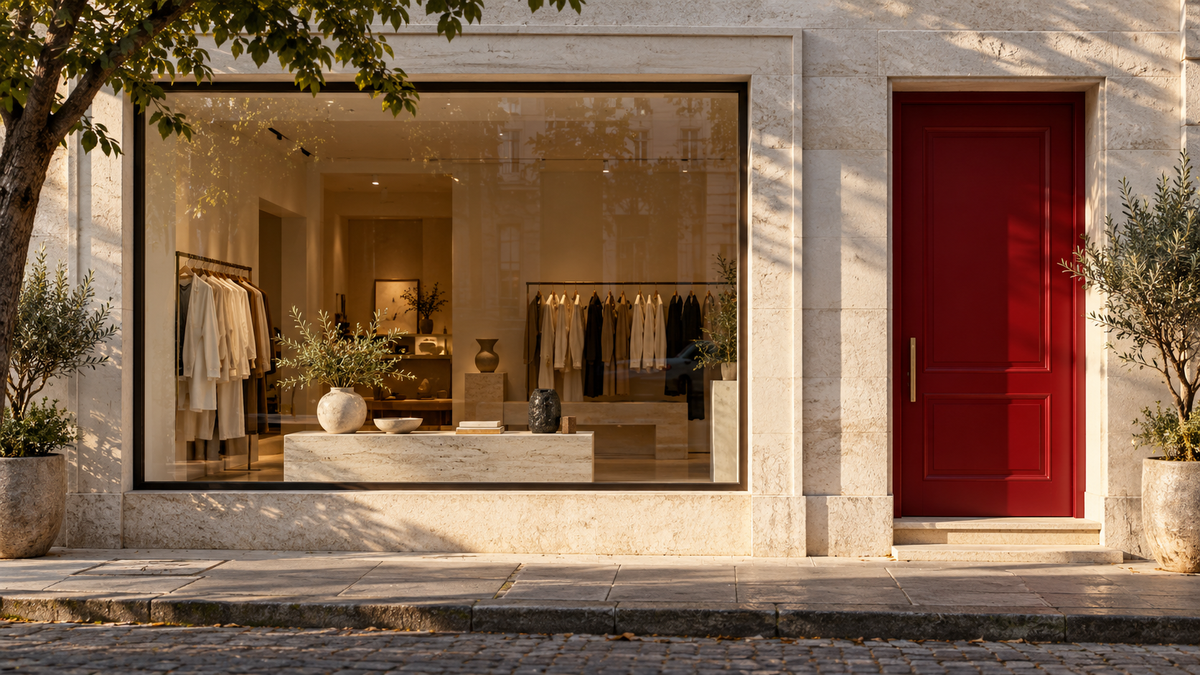 A boutique storefront with a red entrance and understated architectural details.