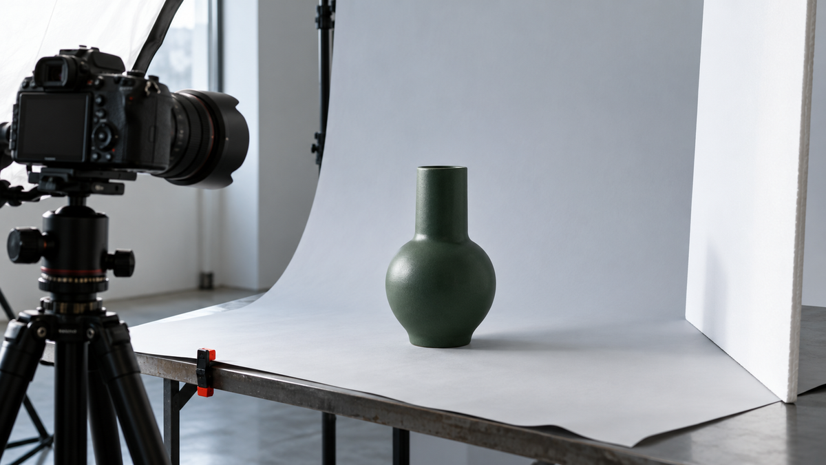 A camera and reflector set up to photograph a dark green vase against a pale backdrop.