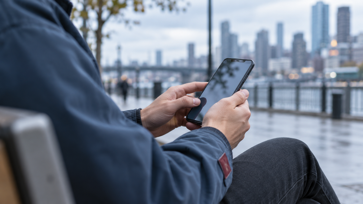A person using a phone outdoors beside a waterfront, with a cool blue city backdrop.
