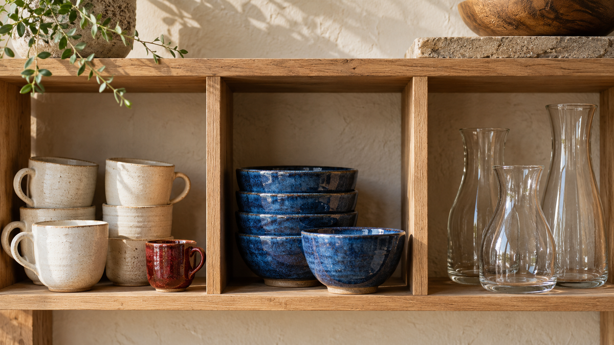 Ceramic cups, blue bowls, and glass carafes arranged in clear product groups.