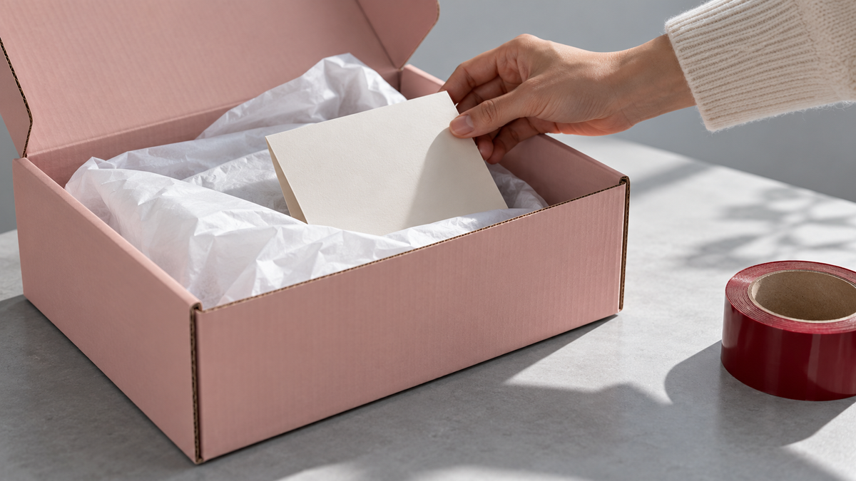 An open pink shipping box with tissue paper, a blank care card, and a red tape roll.