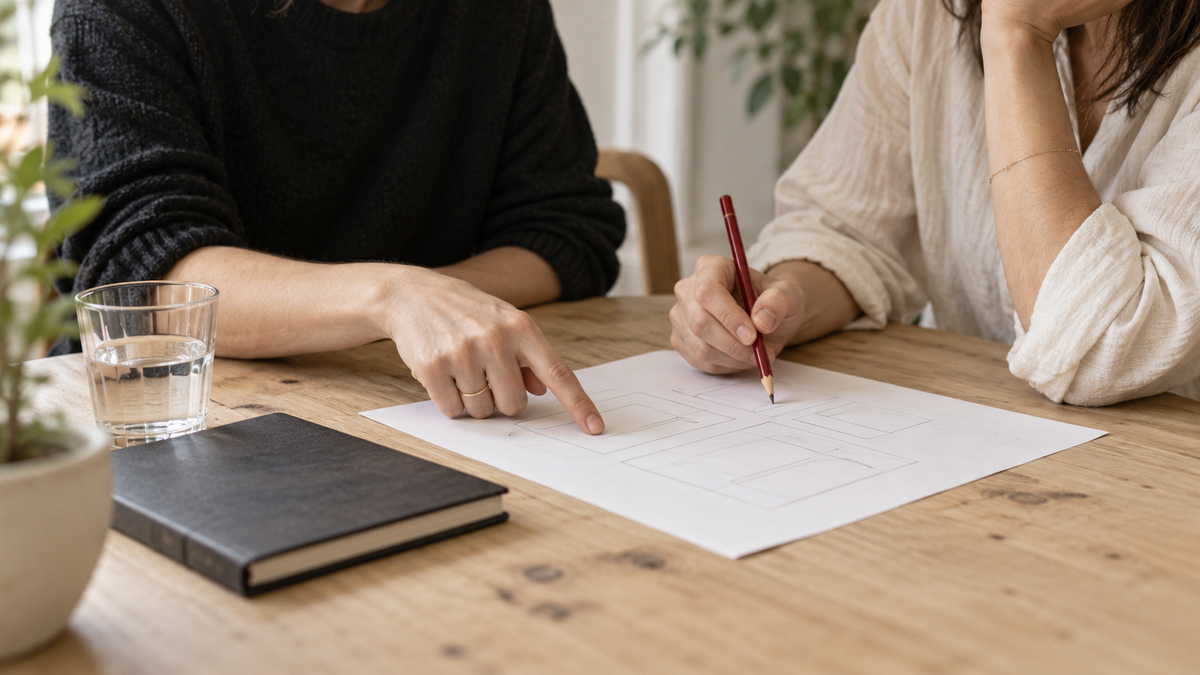 Two people planning a website with printed layouts and a red pencil.