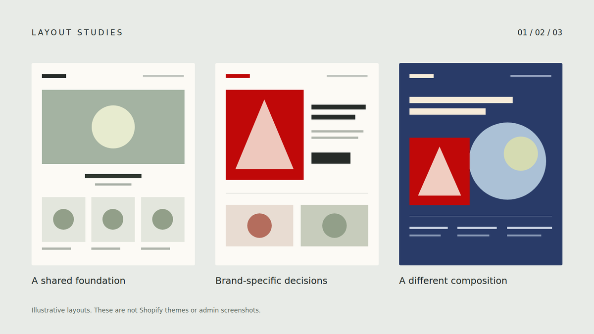 Three illustrative storefront layouts with different arrangements and color palettes.