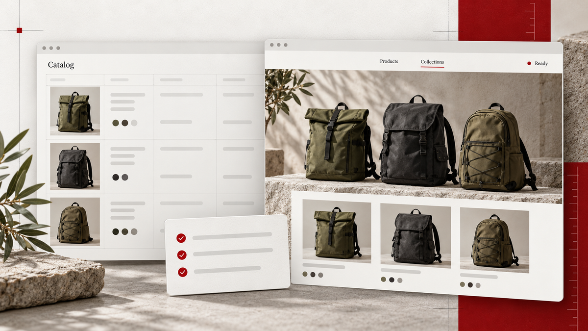 Illustrative ecommerce migration concept with matching product records and a finished storefront, using neutral tones and red accents.