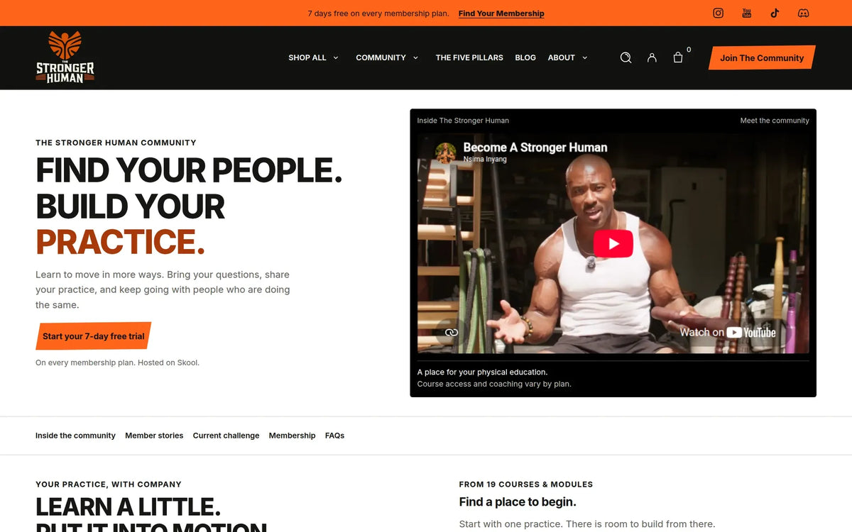 The Stronger Human community page with a welcome video from Nsima