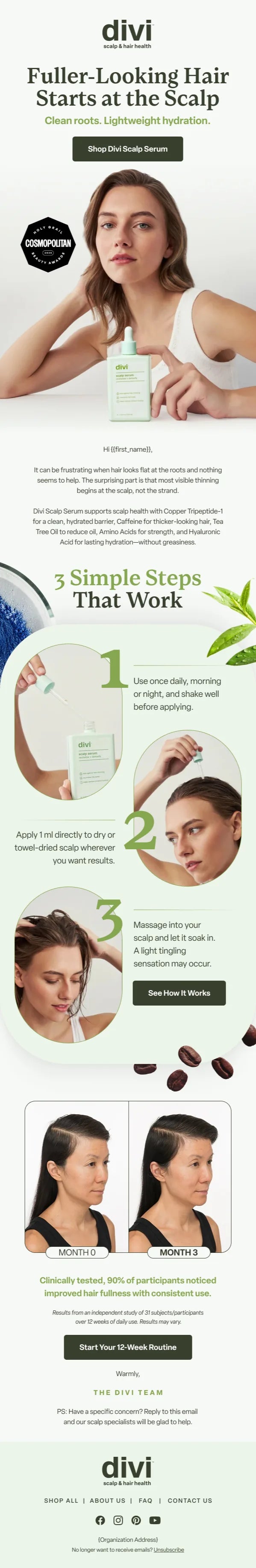 Email design: “Fuller-looking hair starts at the scalp” nurture email