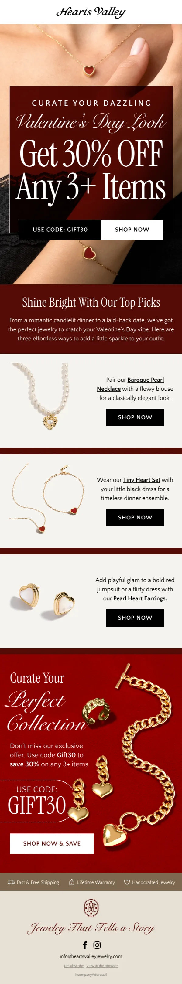Email design: “Get 30% off any 3+ items” Valentine’s Day sale